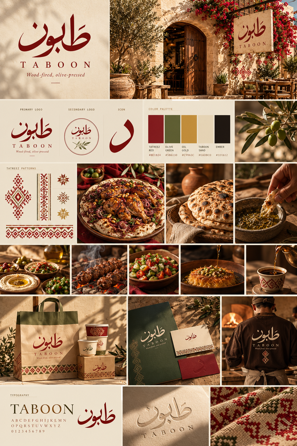 Taboon brand system with primary and secondary logos, typography, colors, embroidery patterns, packaging and restaurant applications