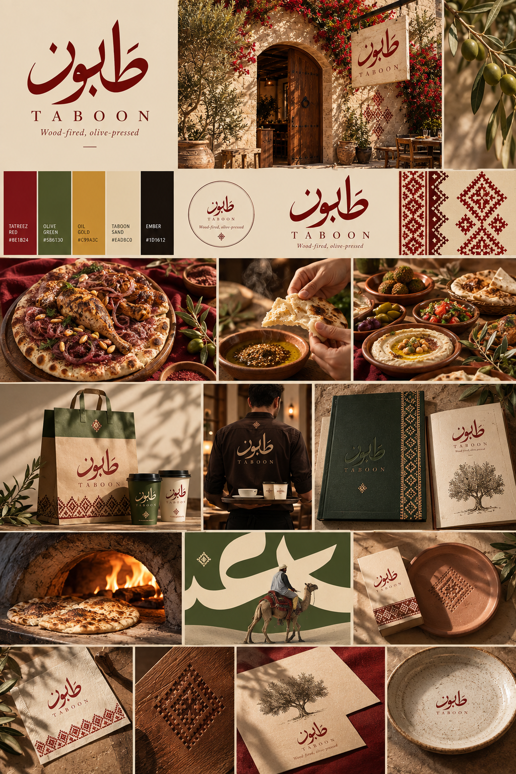 Taboon visual world showing signage, menu, uniforms, packaging, tableware and tactile brand details