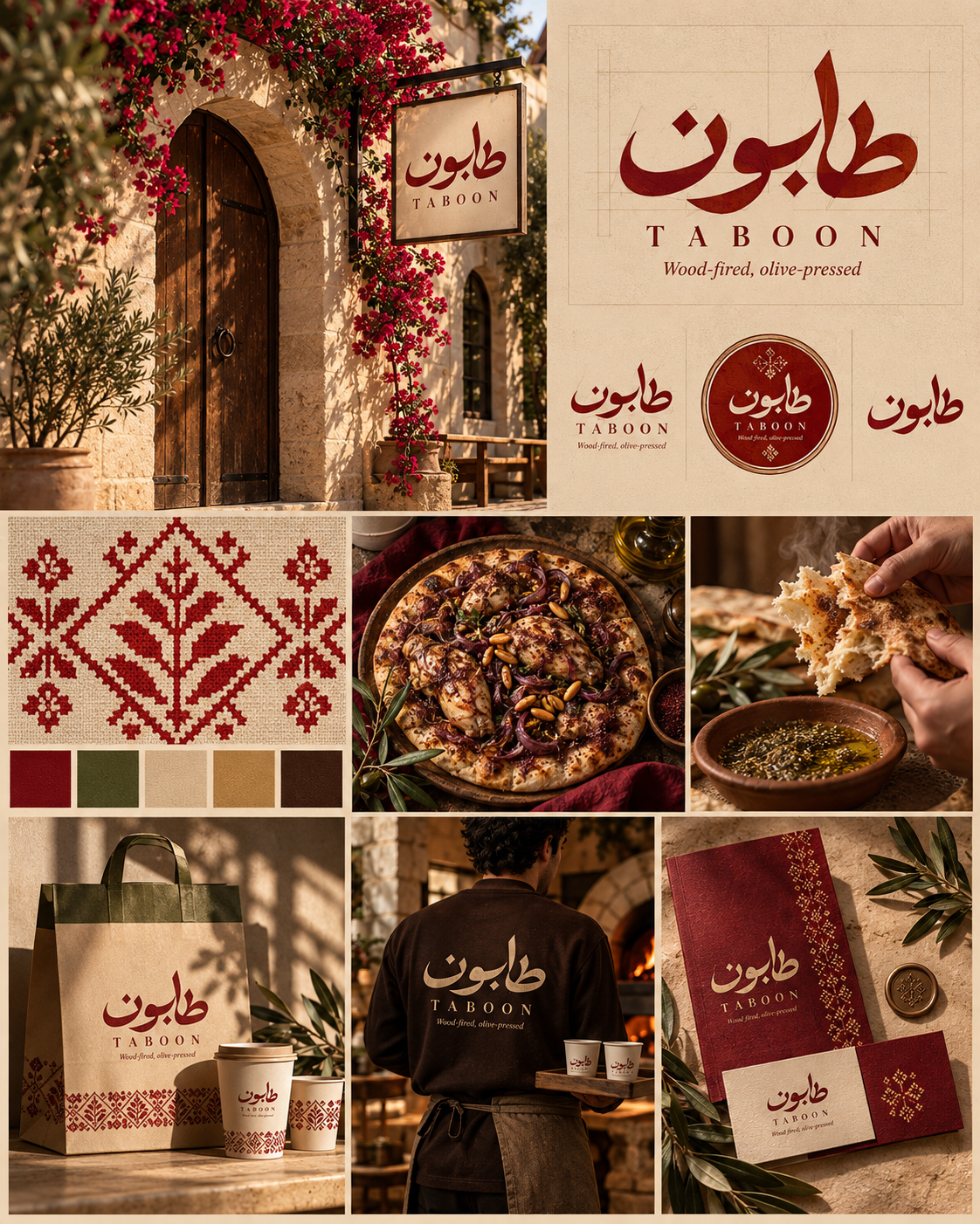 Complete Taboon identity board showing Arabic wordmark, seal, embroidery motif, color palette, packaging, uniform and stationery