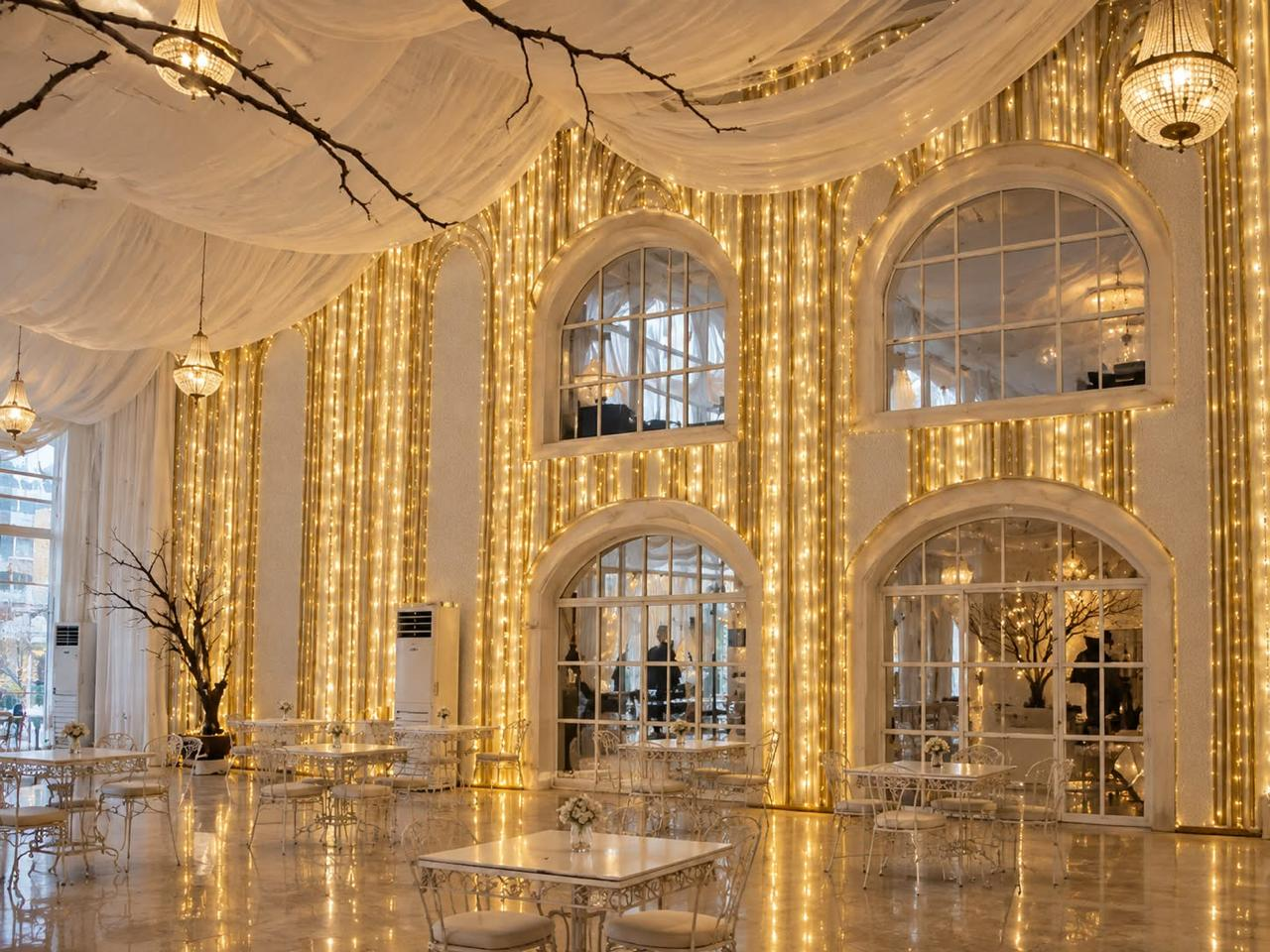 Illuminated wall with arched mirrors at the wedding venue