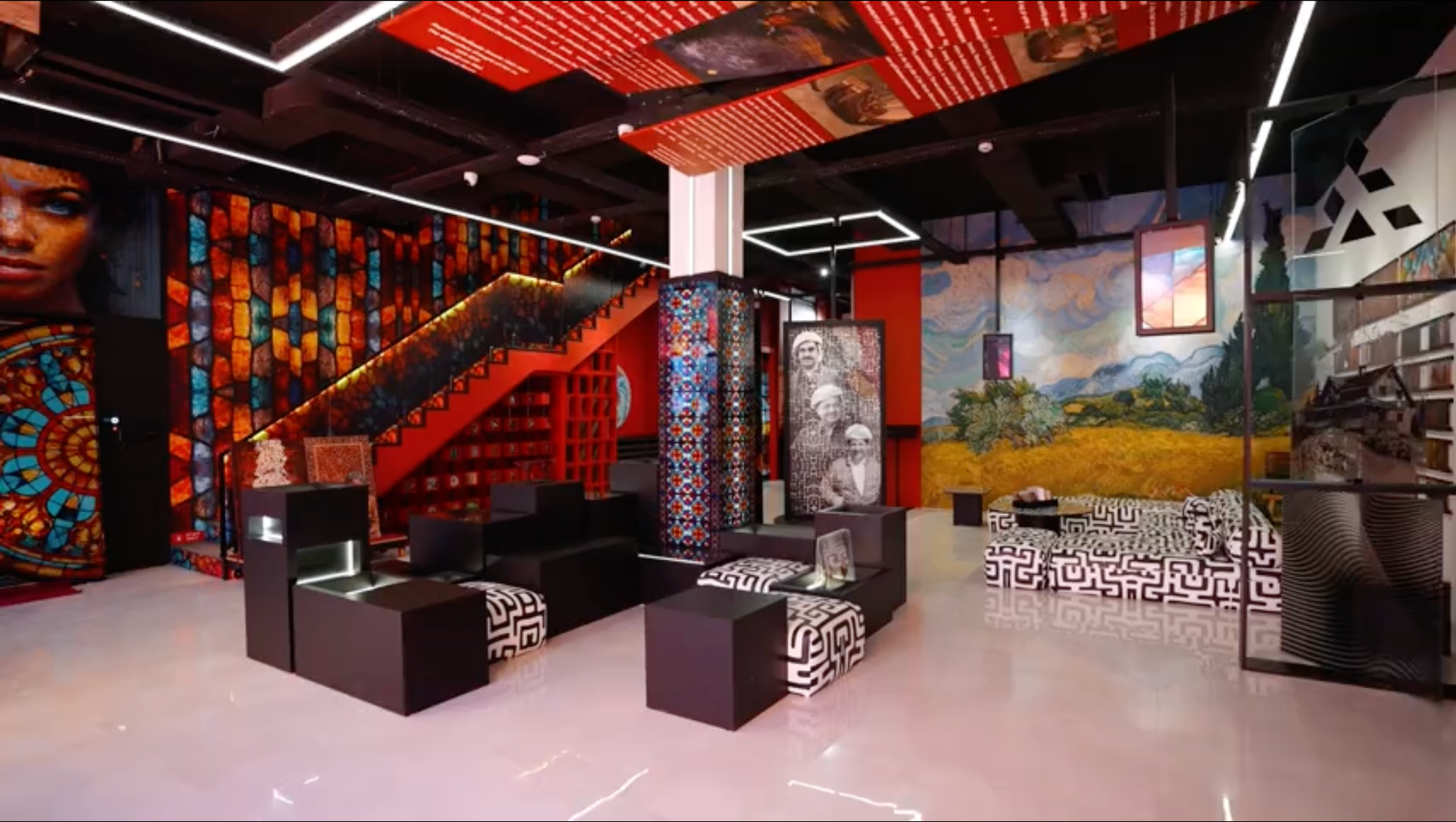 ArtTech Print House showroom with printed walls, glass, ceiling and furniture