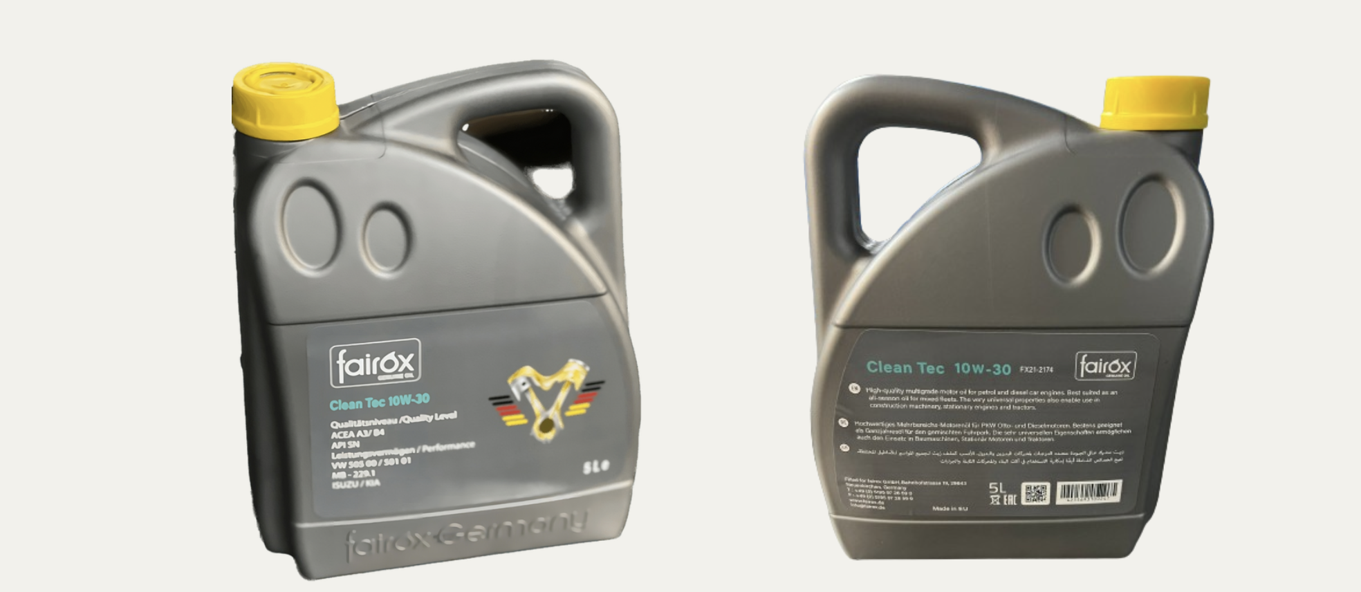 FairOx Clean Tec 10W-30 five-litre packaging shown from the front and back