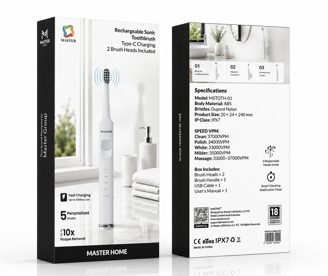 Master rechargeable sonic toothbrush packaging shown from the front and back