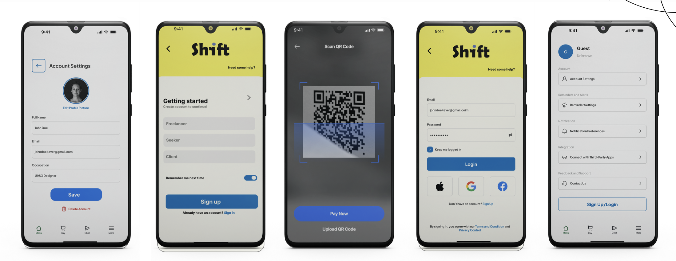 Five Shrift application screens covering account settings, signup, QR payment, login and guest access