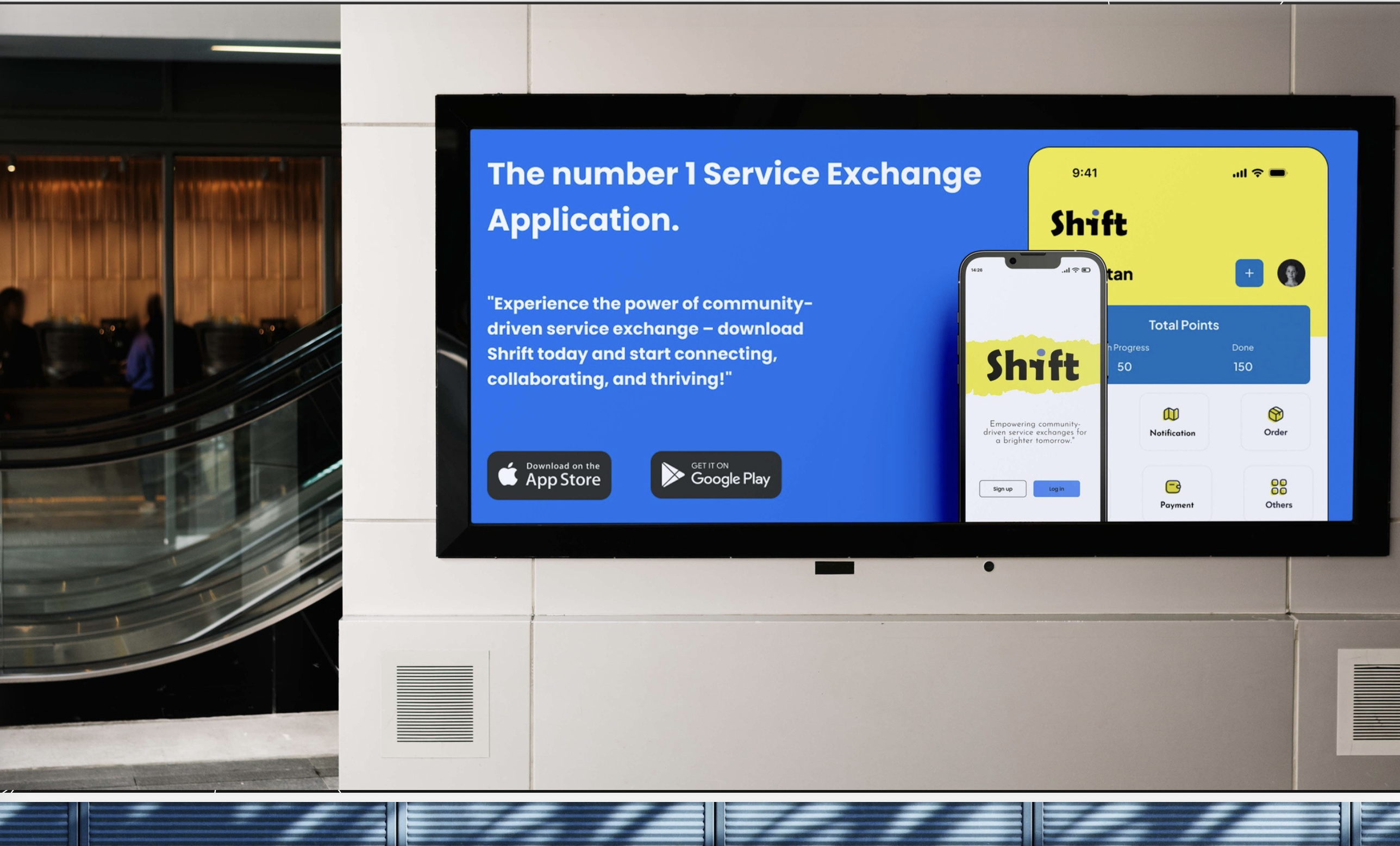 Blue Shrift digital billboard in a public interior