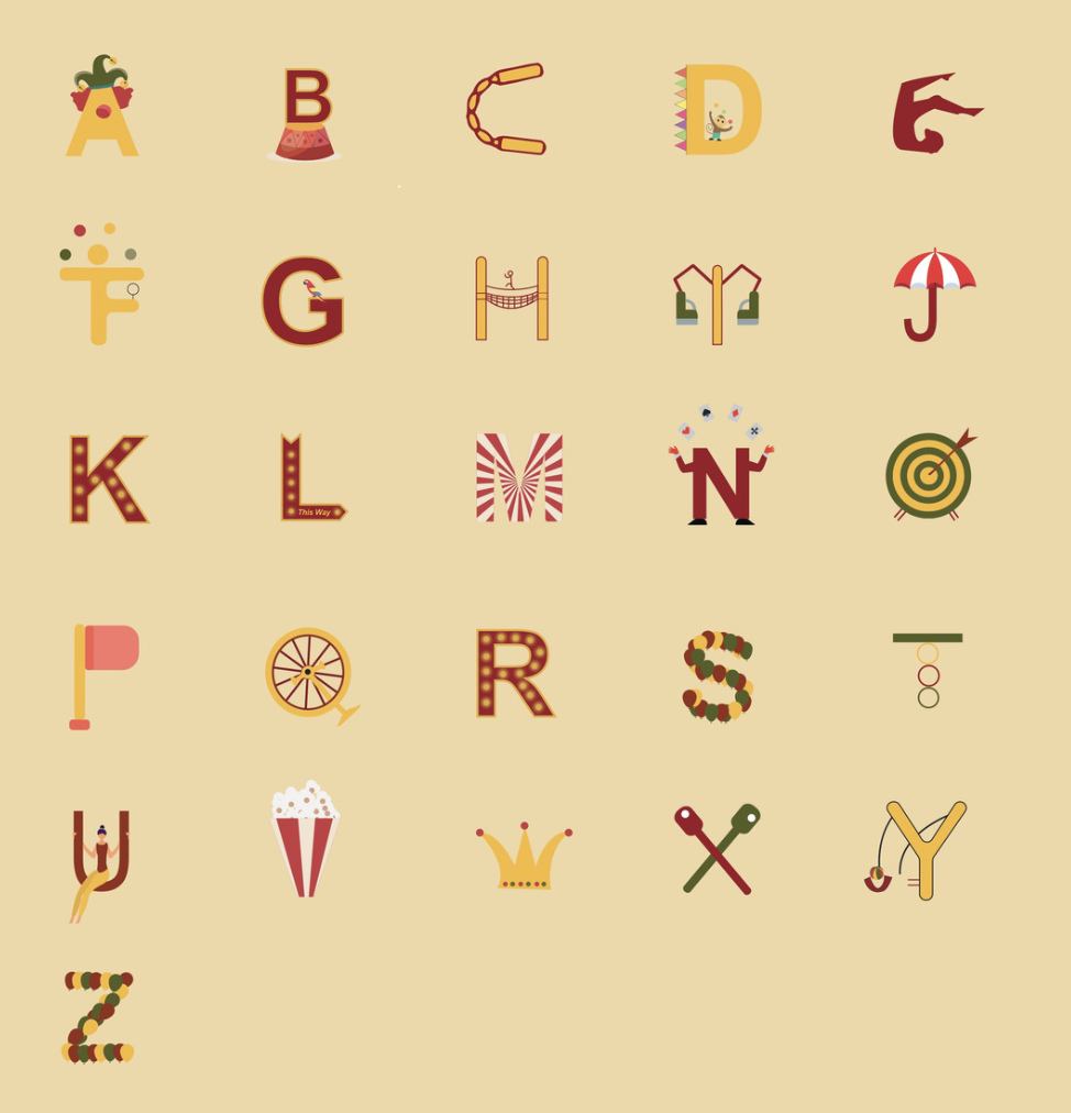 Circus-inspired illustrated alphabet from A to Z